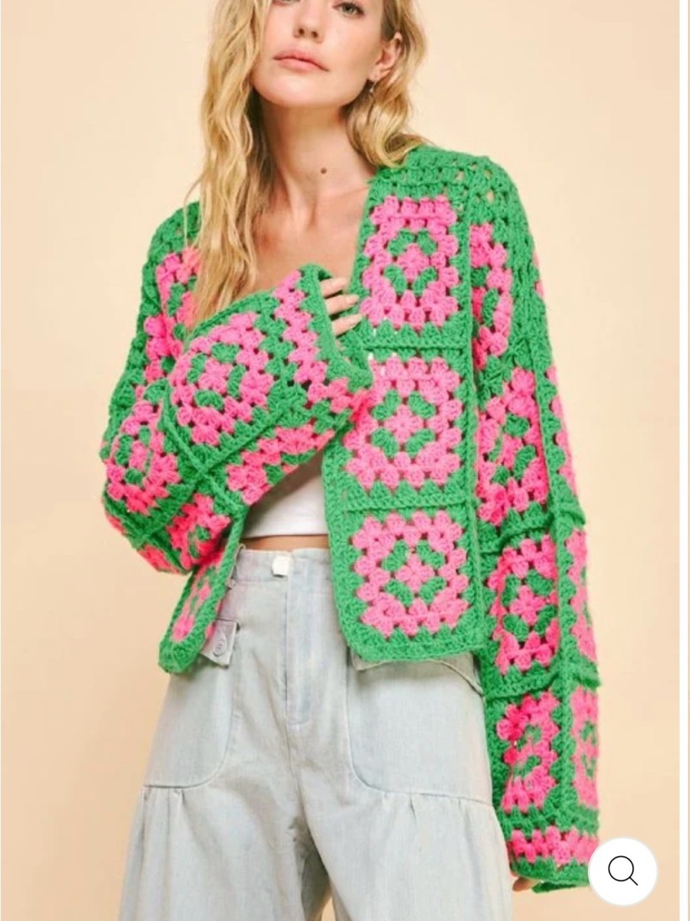 DAVI & DANI TWO TONE FLOWER SQUARE CROCHET OPEN FRONT CARDIGAN